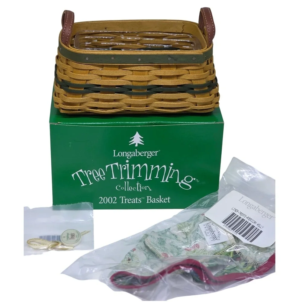 VTG‎ Longaberger Tree Trimming 2002 Treats Basket Green Woven Fabric Liner Box